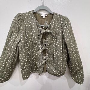 Blu Pepper Olive Green Quilted Floral Tie-Front Puffer Jacket